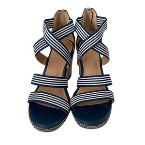 Crown & Ivy Womens Elise Sandals Blue Stripe Ankle Strap Wedge - Size 6